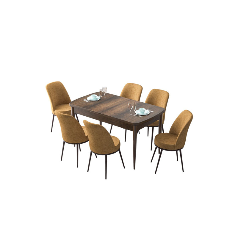 Ensemble de table et chaises de salle à manger moderne extensible (7 pièces), baroque et cappuccino, 52,0 x 31,0 x 31,5 pouces (ouvert: 67,0 x 31,0 x 31,5 pouces) | 100% panneau de fibres à densité moyenne avec pieds en métal, sièges rembourrés en mousse | Élégant et fonctionnel pour les salles à manger