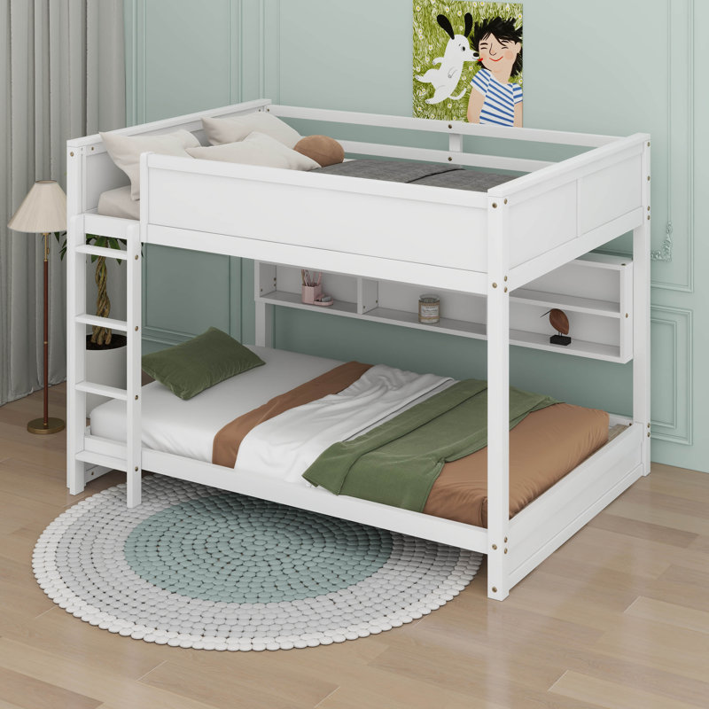 Queen Over Queen Bunk Bed With Storage Cabinets And USB Charging Ports, White
