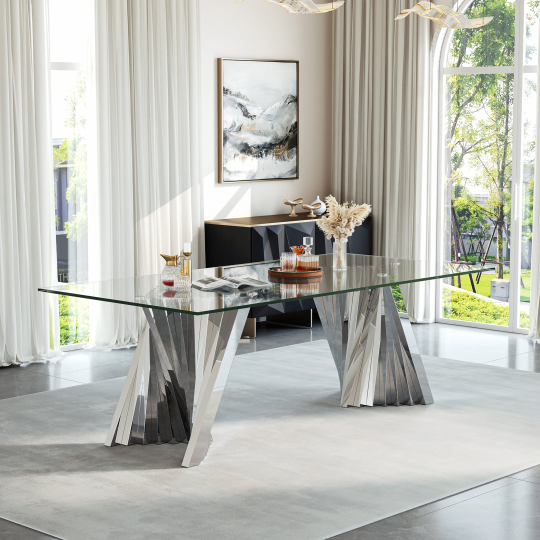 Morlee 94.49" Glass Top Metal Base Dining Table Everly Quinn Table Base