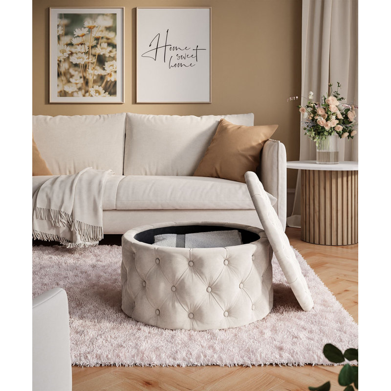 CHESTERFIELD Round Upholstered Pouf Hocker 70 cm, White Polyester