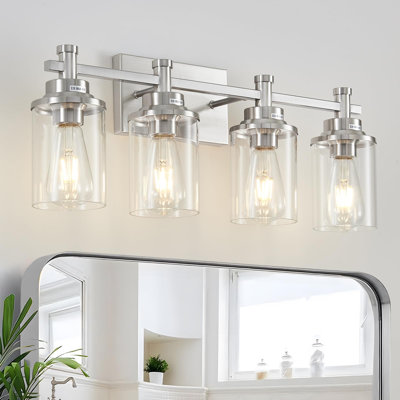Luminaire de salle de bain nickel brossé au-dessus d'un miroir, luminaire de salle de bain 4 lumières, applique murale moderne avec abat-jour en verre transparent