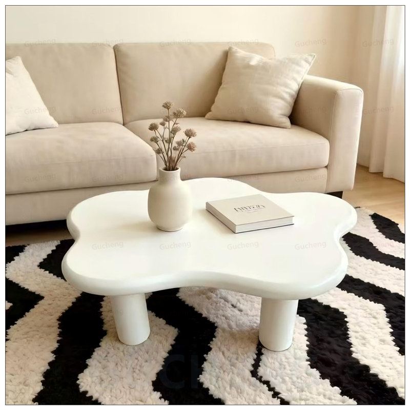 Table basse en forme de nuage avec 4 pieds ronds, spacieuse et élégante pour les salons modernes, Blanc