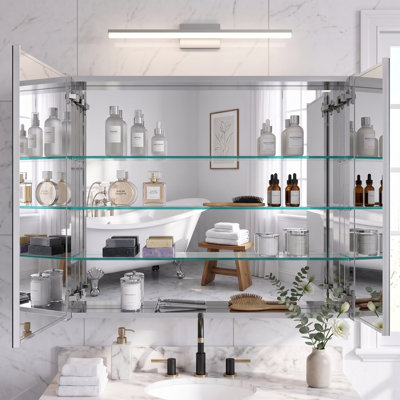 Armoire à pharmacie 36 po x 30 po rectangulaire en aluminium sans cadre à fixation en surface ou sans cadre avec tablettes réglables, charnières à fermeture en douceur BLUM, miroir, 2 portes
