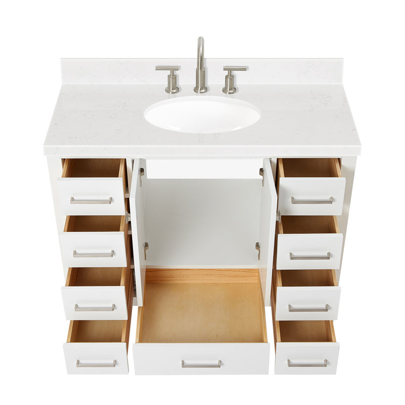  Meuble-lavabo simple 42,25 po avec comptoir en quartz, Blanc / nickel brossé