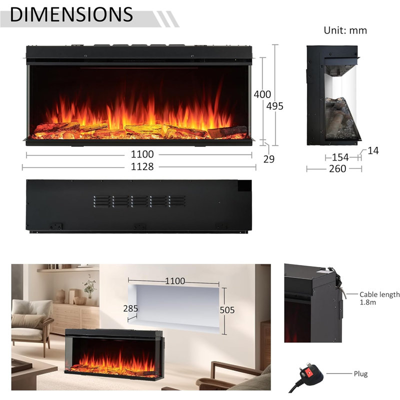 FLAMME Knighton 1/2/3-Sided Platinum Smart Electric Media Wall Fireplace, App Control, 1.8kW Heater, Logs & Crystals Included