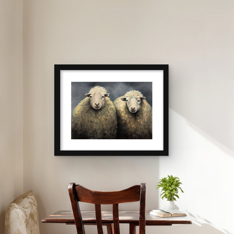 Laine de moutons - animaux gris, reproduction encadrée avec passe-partout | Décoration intérieure, H 16 po x l 20 po, Noir