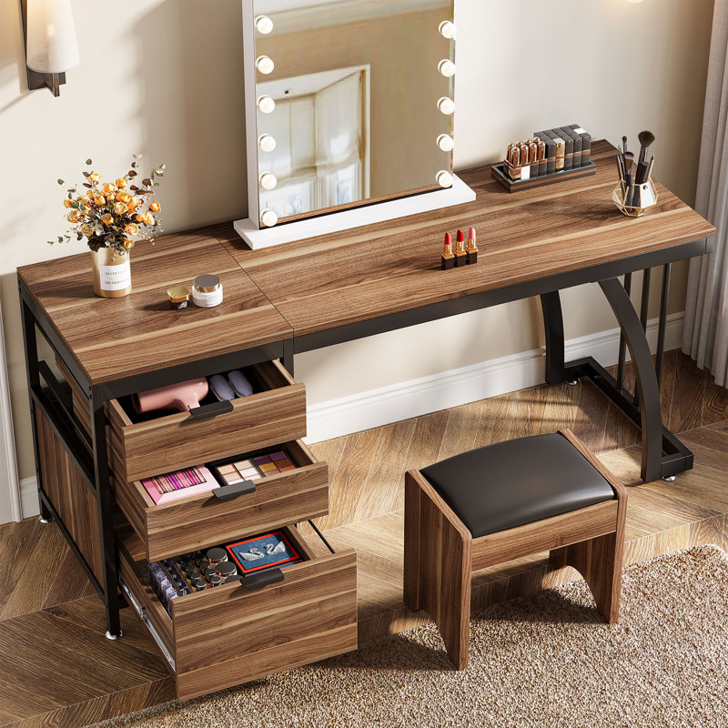 Kiyanni 59'' Vanity Desk with 3 Drawers, Walnut/Black