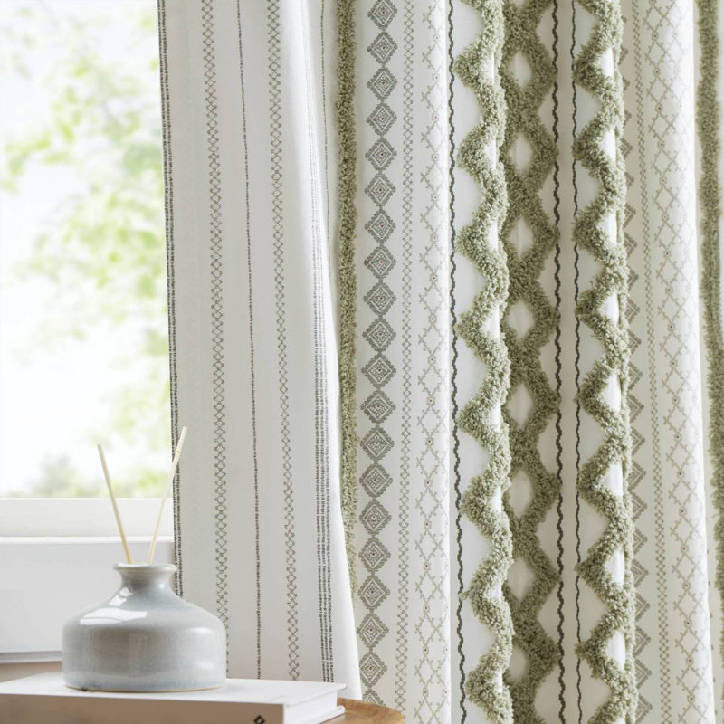 1 PCS 50X84" Cotton Printed Curtain Panel With Chenille Stripe And Lining Green, L 50,07 po x L 84 po