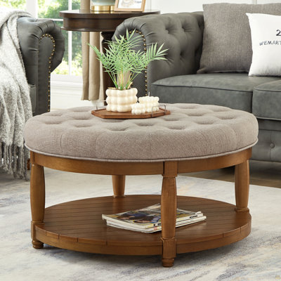 Large Round Upholstered Tufted Linen Ottoman Coffee Table