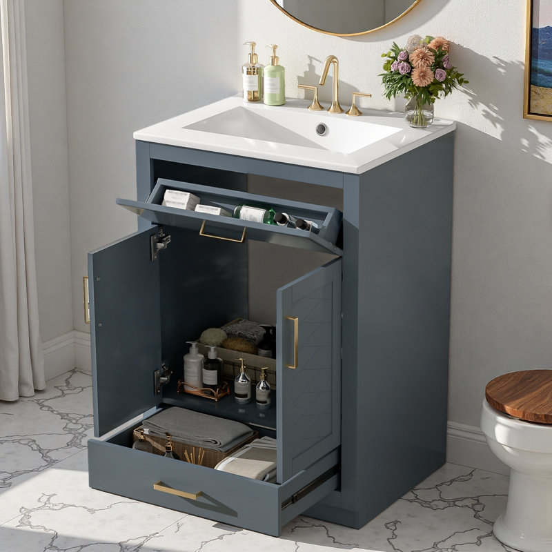Meuble-lavabo de salle de bain avec lavabo en céramique, 1 grande armoire de rangement, 1 tiroir pleine extension et 1 tiroir basculant