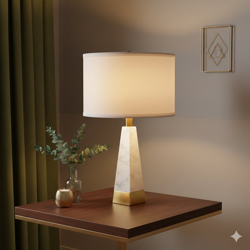 Lampe de table pyramidale blanche et dorée de 15 po x 26 po avec abat-jour tambour (assemblage de l'abat-jour requis)