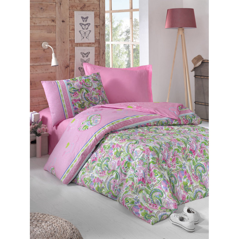 Ensemble de housse de couette de qualité supérieure 100% coton Ranforce Young comprenant une housse de courtepointe 63 x 87, un drap plat 63 x 94 et une taie d'oreiller 20 x 27 | Impression de pigment rose vif et vert | Literie douce, durable et respirante