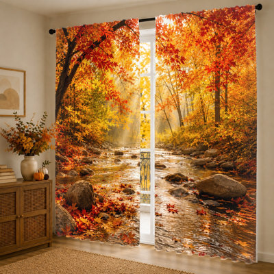 2Pcs Autumn Forest River Curtains, light filtering fabric, beautiful natural landscape print, sunshade and privacy protection, rod-pocket design, suitable for living room, bedroom, balcony, kitchen home decoration