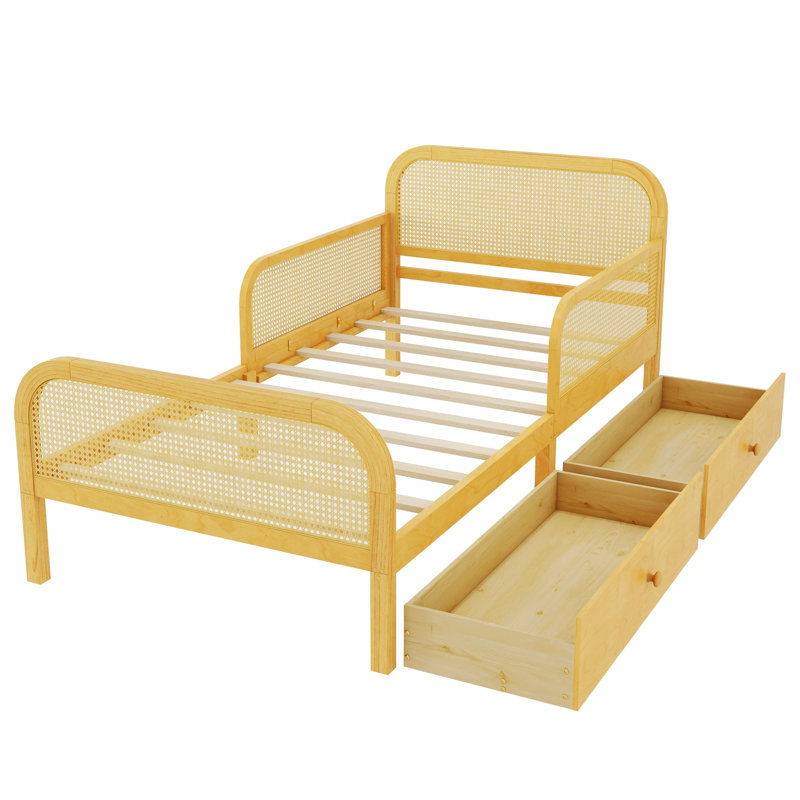 Cadre de lit pour la maison, cadre de lit plateforme avec 2 tiroirs de rangement, lit en rotin avec tête et pied de lit, Twin