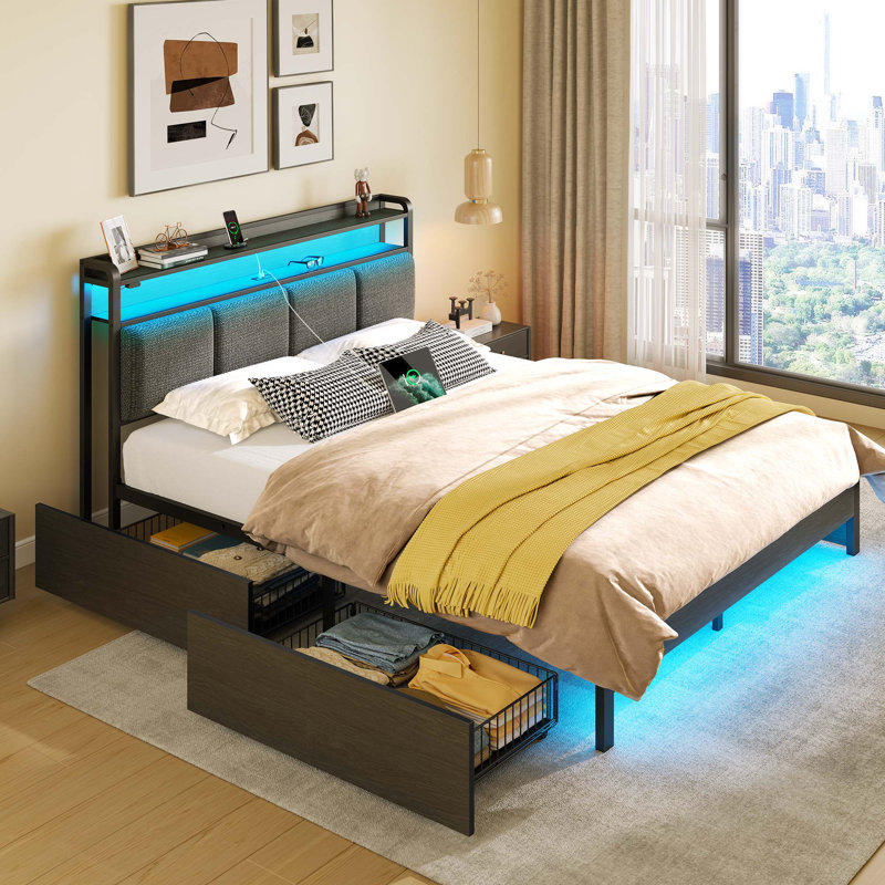 Bed with Headboard and Power Outlets, Upholstered bed with 4 Drawers and RGB LED Lights, Gray, Full/Double