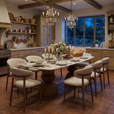 5/7/9 Pcs Mid-Century Double Pedestal Solid Wood Dining Table Sets With Rectangular Sintered Stone Tabletop For 4-8