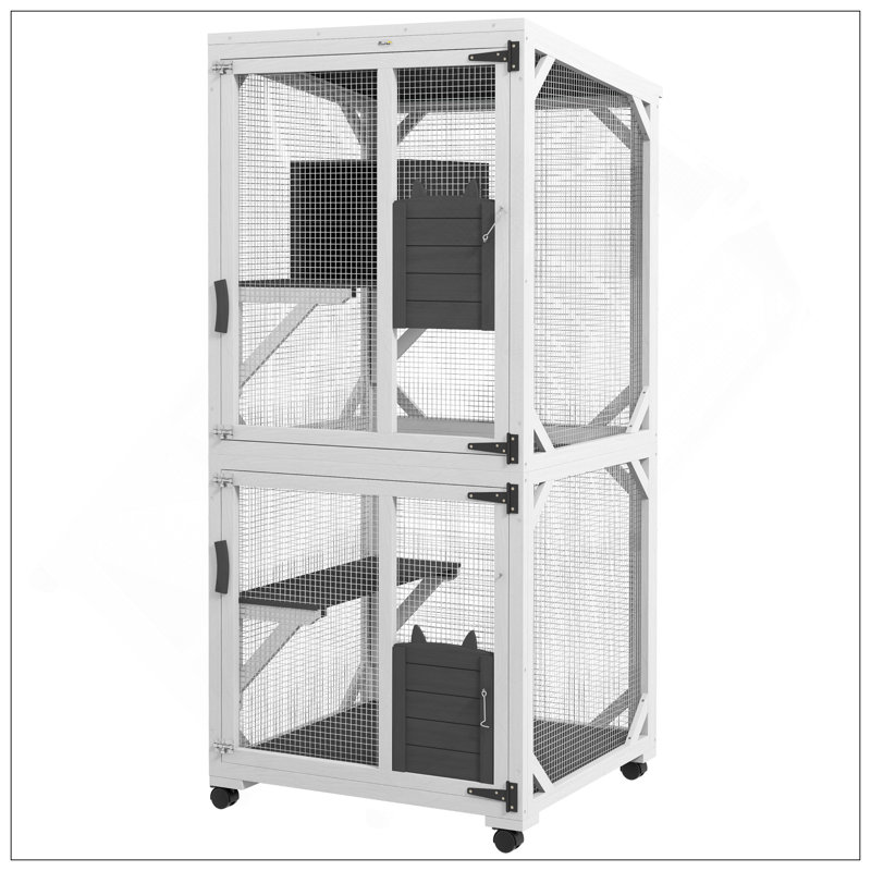Catio en bois avec toit imperméable, boîte de repos surélevée et roues pour l'intérieur et l'extérieur, enclos pour chat spacieux et portable