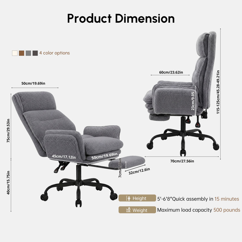 Big and Tall Office Chair, Ergonomic Heavy Duty Desk Chair with Footrest, 135° Reclining Cross Legged Chair with Padded Flip-up Armrests for Pets, Teddy Fleece, for Home Office