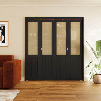48" x 80" Double Black Solid Manufactured Wood And Imitation Rattan Hand-Woven Bi-Fold Closet Doors With Hardware Kit