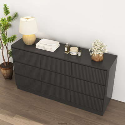 Commode en bois noir à 9 tiroirs, meuble de rangement multifonctionnel et meuble télé