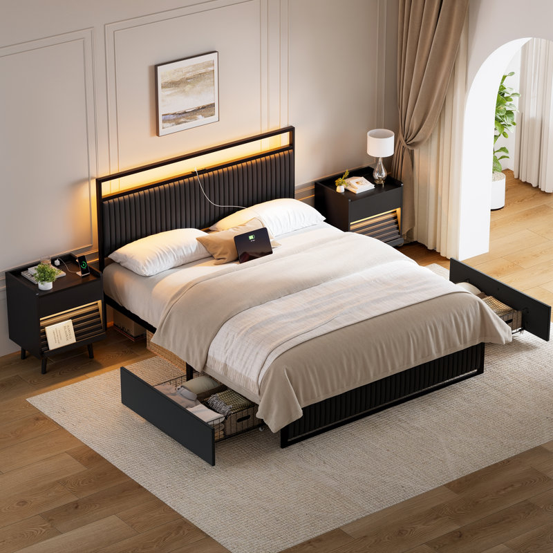 Grise 3 Piece Bedroom Sets,Upholstered Bed With 2 Drawers & 2 Slanted Nightstand, Full, Black/Black