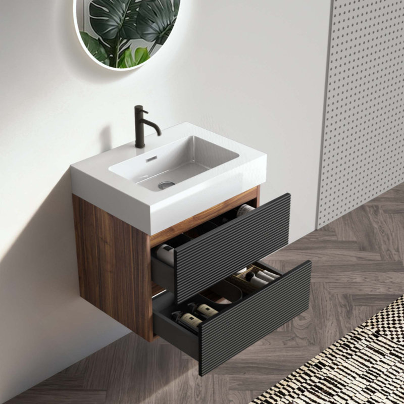 Meuble-lavabo de salle de bain avec lavabo à quartz d'ingénierie et tiroirs souples, meuble-lavabo mural flottant pour salle de bain moderne, lavabo une pièce sans drain ni robinet