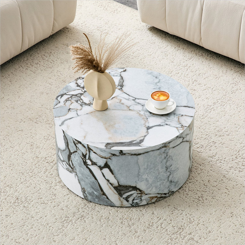 Table basse cylindrique moderne à effet marbre, panneau de fibres à densité moyenne blanc classique, diamètre de 23,6 pouces, base cylindrique compacte pour le salon