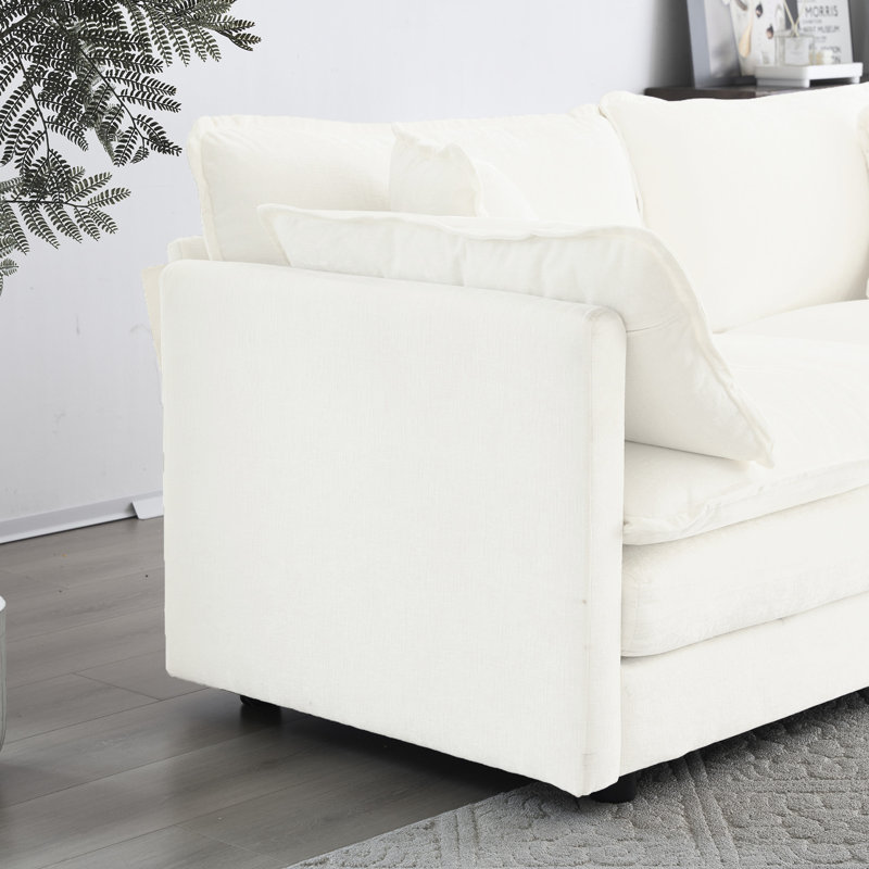 Canapé modulaire 2 places avec repose-pieds en tissu chenille blanc et repose-pieds, structure stable