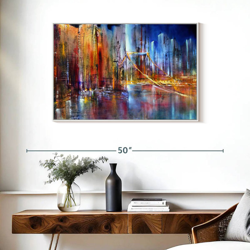 Paysage urbain vibrant, Cadre flottant blanc, 37 po x 25 po