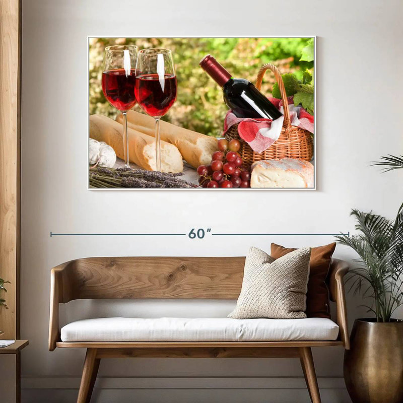 Pique-nique au vin rouge, Cadre flottant blanc, 25 po x 17 po