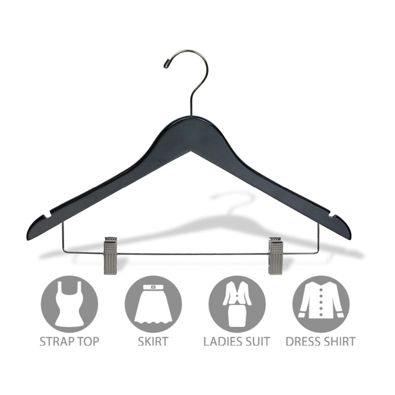 Wood Non-Slip Hangers With Clips for Skirt/Pants, Black