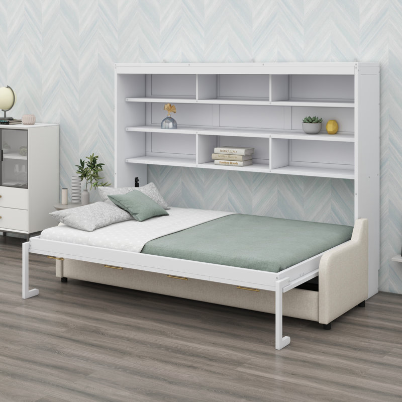 Lit armoire avec canapé escamotable Murphy, tablettes de rangement intégrées et éclairage DEL