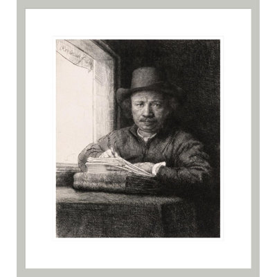 Autoportrait, dessin à la fenêtre par Rembrandt van Rijn - Impression giclée encadrée