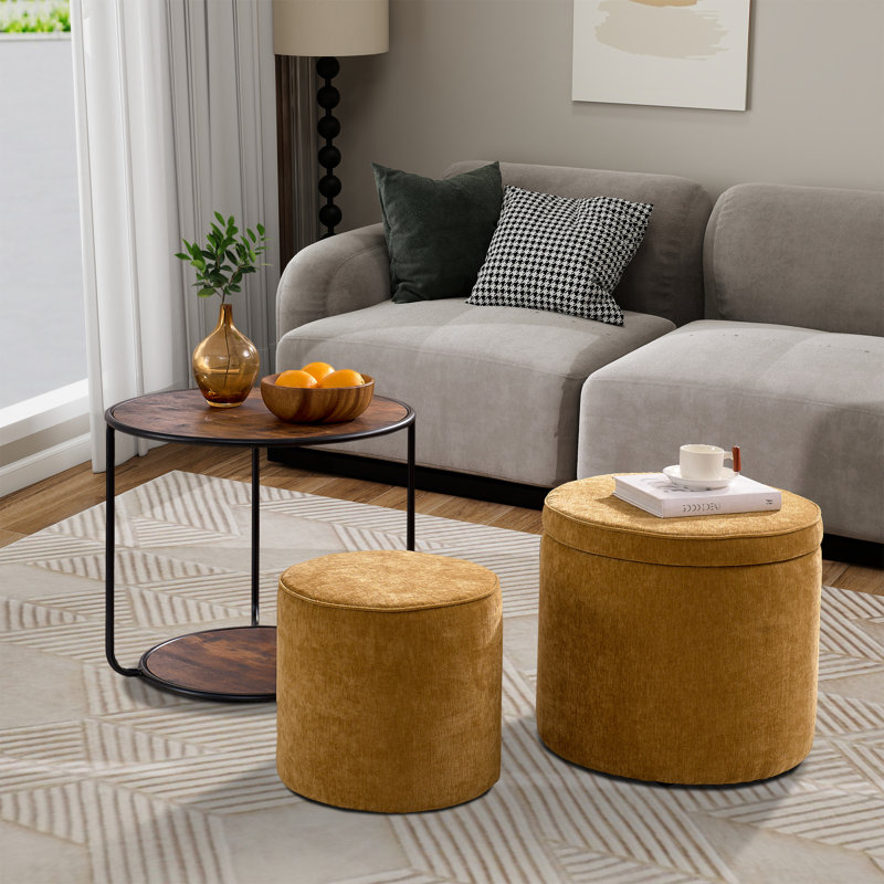 Table basse avec rangement et 2 repose-pieds, Jaune