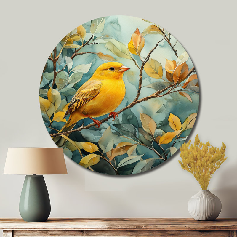 Jumaina - oiseau rond, impression sur métal jaune moderne, H 16 po x l 16 po