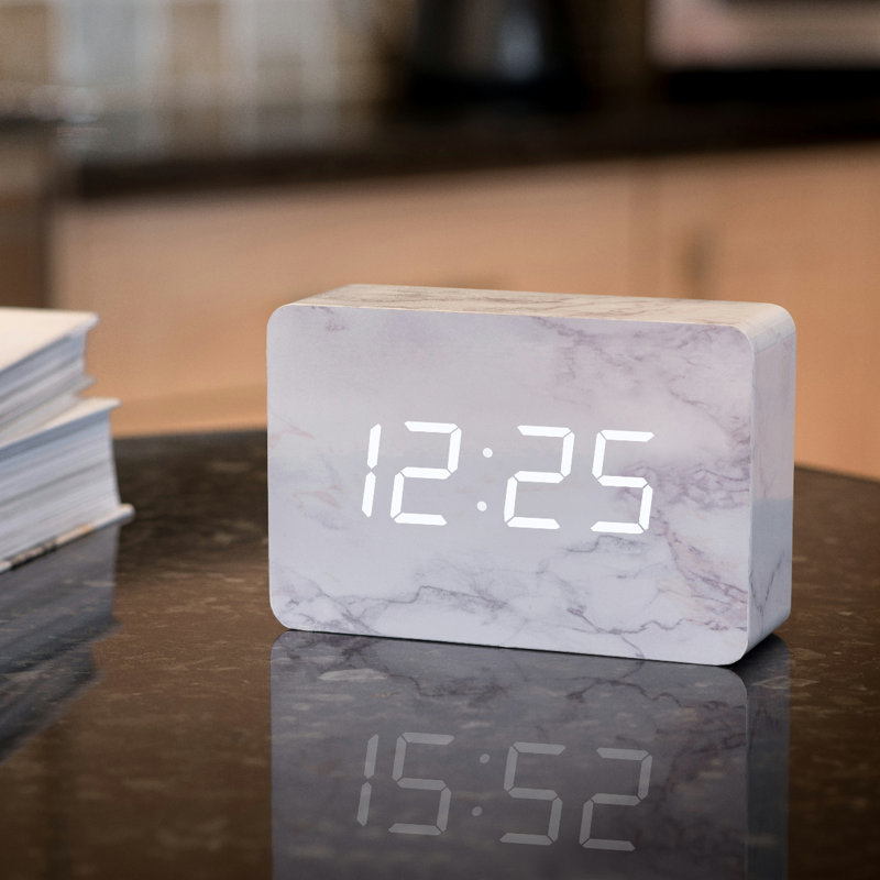 Digital Birch Solid Wood Electric Alarm Tabletop Clock, Marble/White