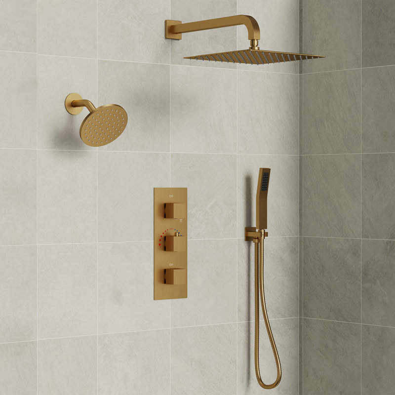 Thermostatic Dual Showerheads System, Wall Mount 12" High-Pressure Rainfall Shower Faucet with Handheld Spray , Brushed Gold