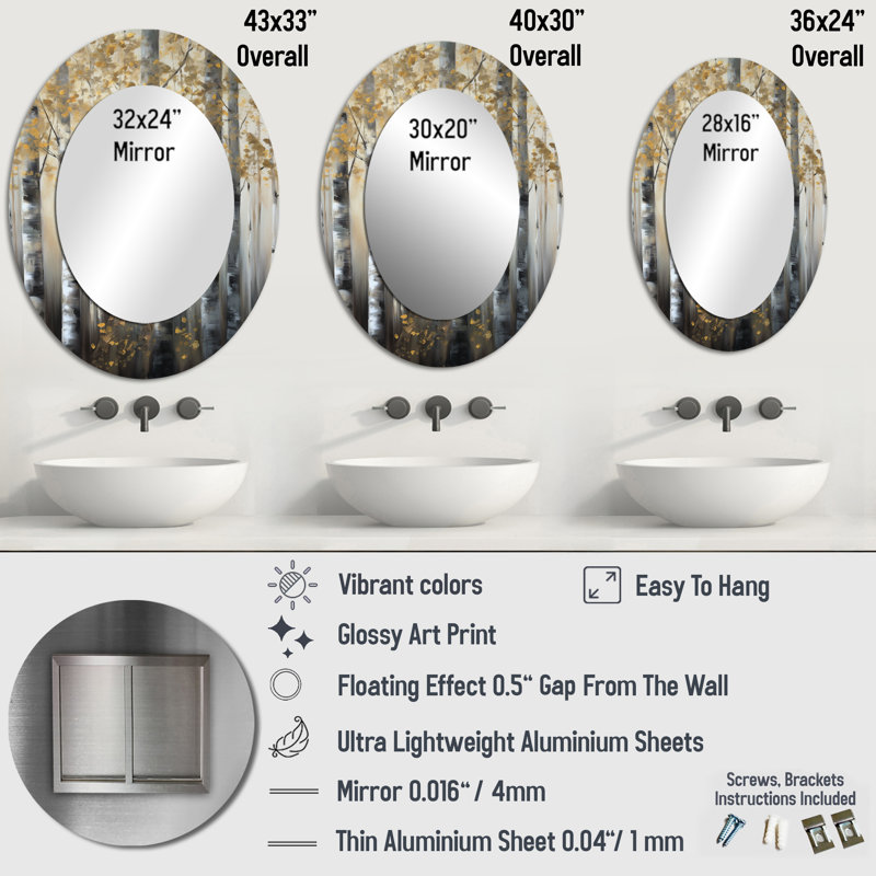 Birch Tree Forest Wonderland V - Gray Oval Wall Mirror Decor, 43" x 33"