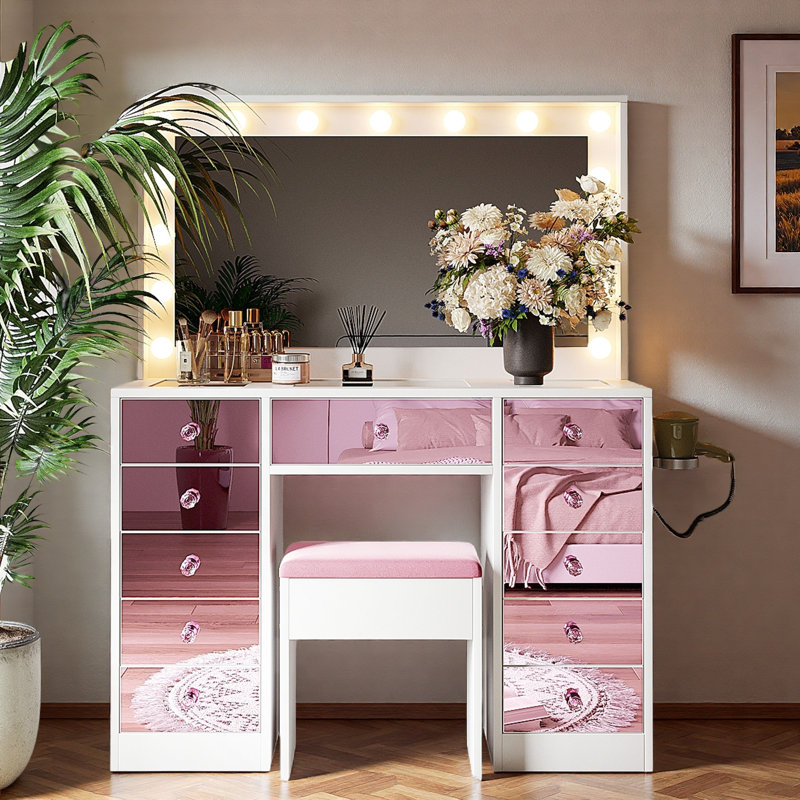 Makeup Vanity With Glass Top, 15 Hollywood Bulbs, 11 Drawers And Stool