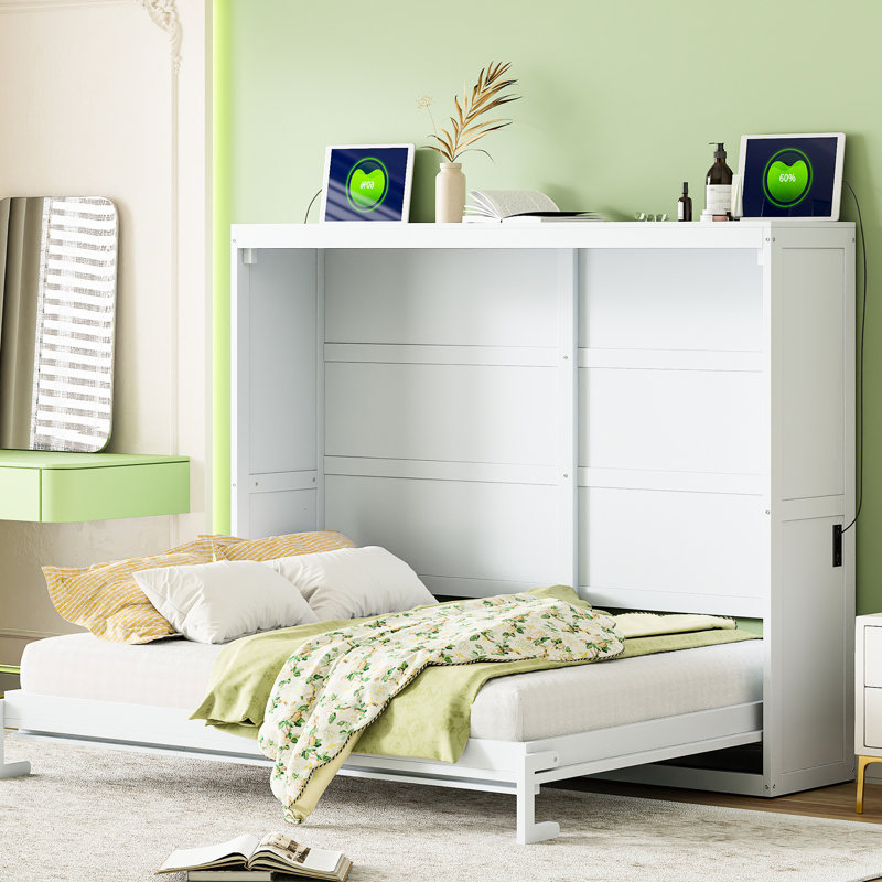 Grand lit blanc à fixation murale - pliable pour plus d'espace et un lit de repos confortable, avec base de matelas, Blanc