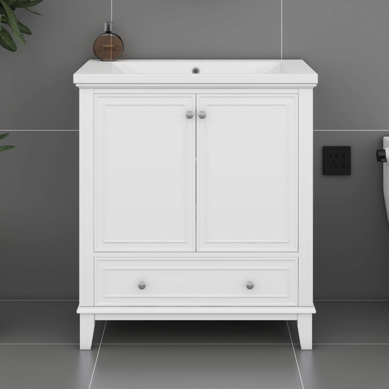 Meuble-lavabo autoportant en bois 30 po sans lavabo 30 po avec 2 portes et tiroir (lavabo non inclus), Blanc, Blanc