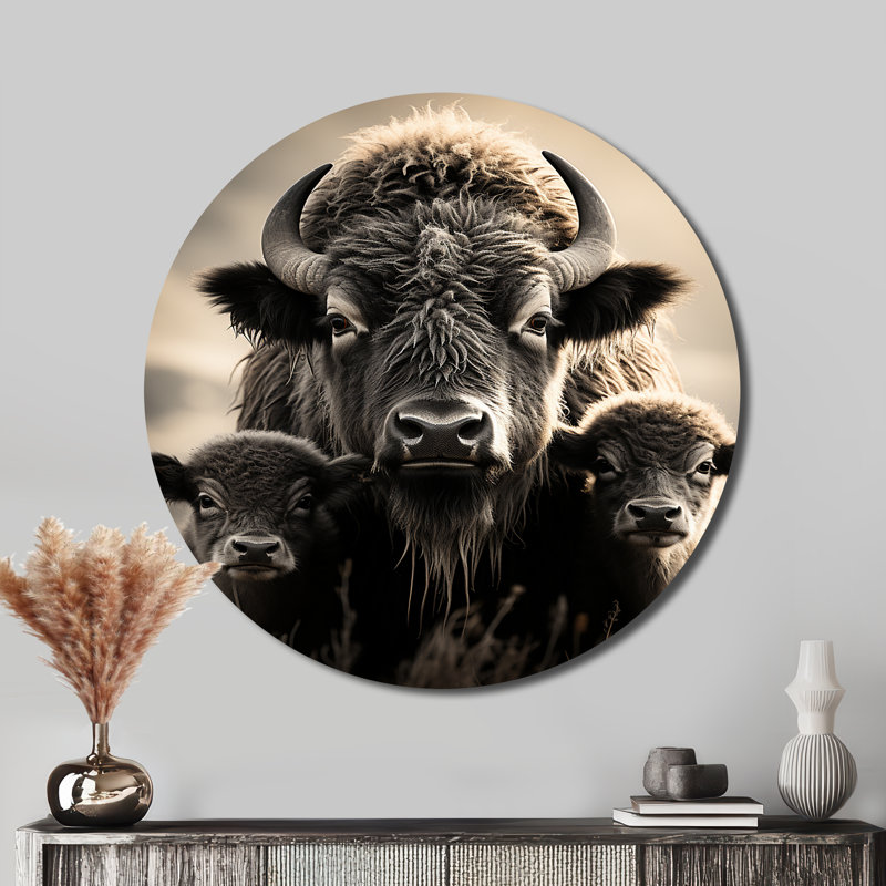 Bison Bison Family Bond - animaux, art en métal rond, H 16 po x l 16 po x P 1 po