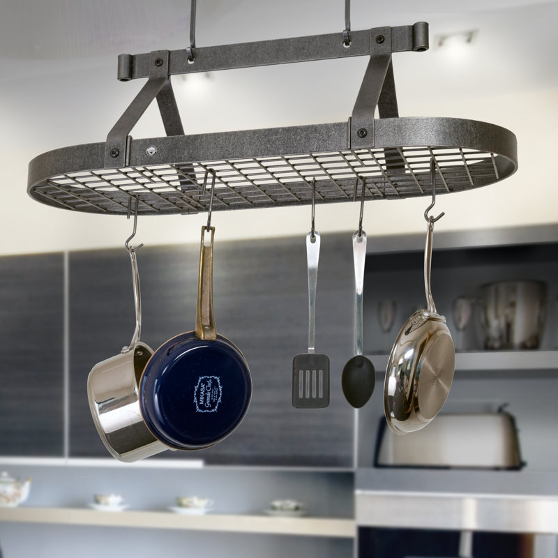 Premier USA Handcrafted Gourmet 3 ft Classic Oval Hanging Pot Rack, 22" H x 36.5" W x 17" D, Hammered Steel