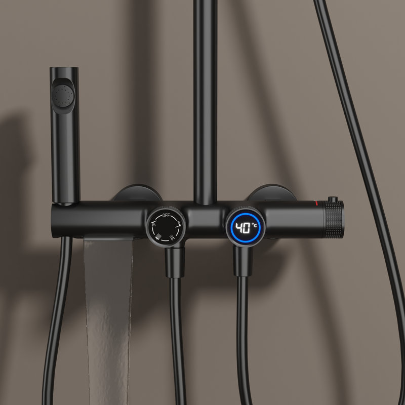  Wall Mounted Thermostatic Shower System with Bidet Sprayer and Tub Spout, Matte Black