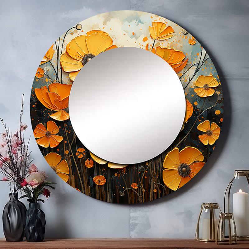 Or souci Marigold Melody III - miroir décoratif souci, miroir mural rond traditionnel, impression d'art en métal