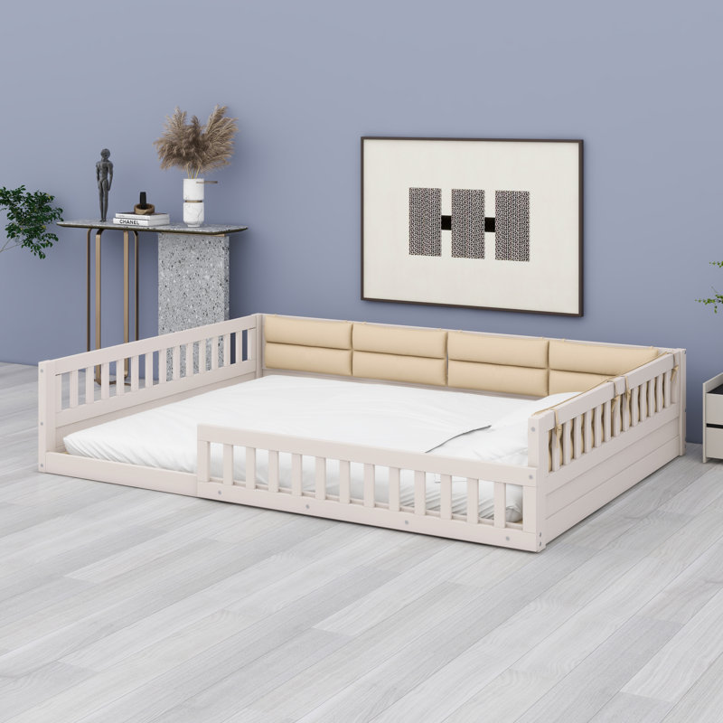 Upholstered Platform Bed Frame with Safety Guardrail, Beige