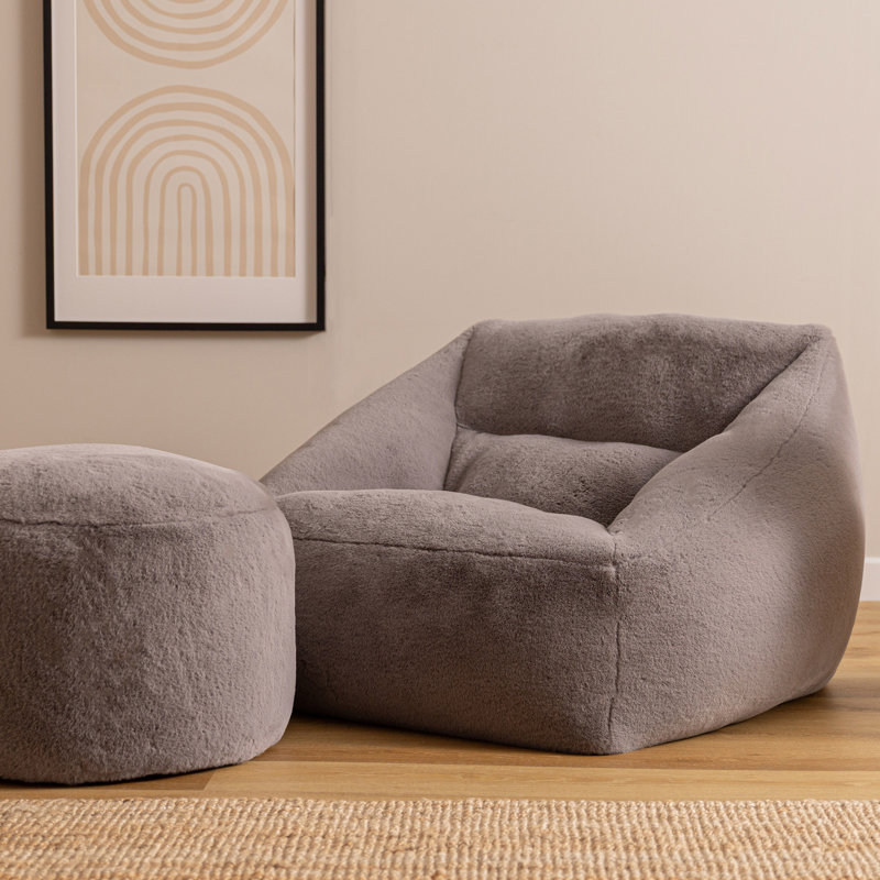 icon Kingston Faux Rabbit Fur Classic Bean Bag and Round Footstool, Natural, Grey
