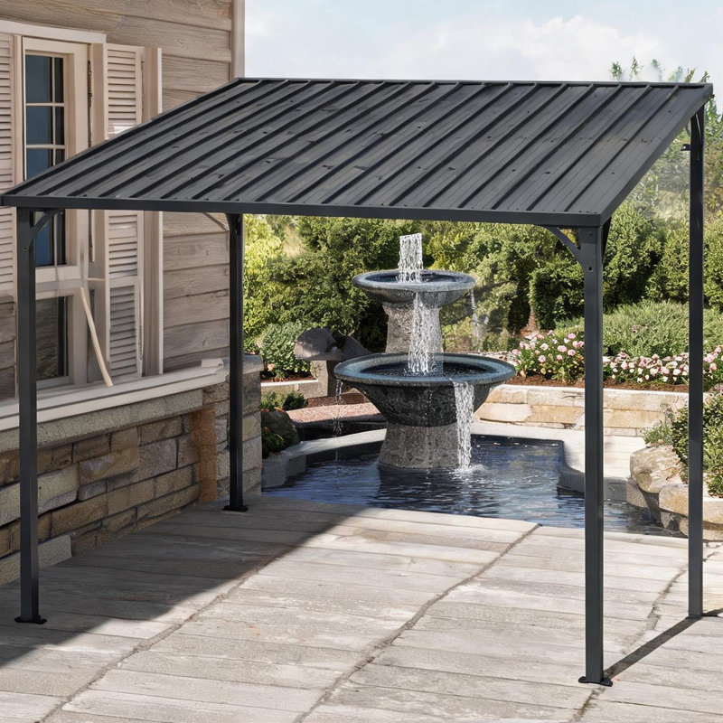 Pavillon de jardin mural en acier noir mat avec toit incliné pour le rangement et l'abri du patio