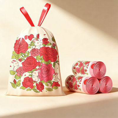 240 Count Drawstring Trash Bags With Red Rose Print, 4 Gallon Tear-Free Garbage Bags For Bathroom, Office, Home, And Bedroom Trash Cans