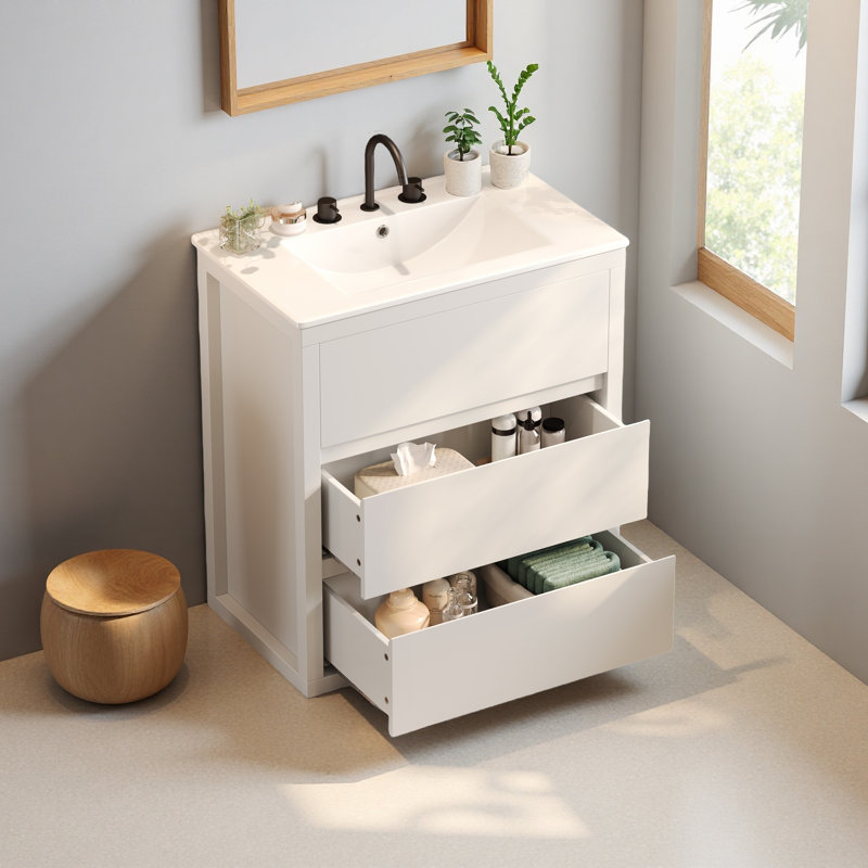 Meuble-lavabo 30 po avec lavabo en céramique et 2 tiroirs pleine extension, meuble-lavabo autoportant avec poignée libre à 45 °, glissières de tiroir à fermeture en douceur